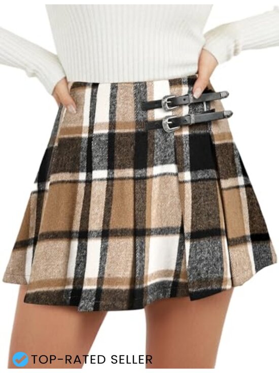 Dresses & Skirts - Pleated Plaid Mini Skirt Built-in Shorts High Waisted A-Line Skater